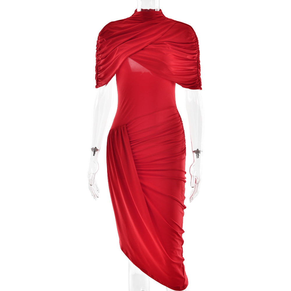 Elegant Slim Pleated Dress Sexy Backless Sheath Women Dress Red