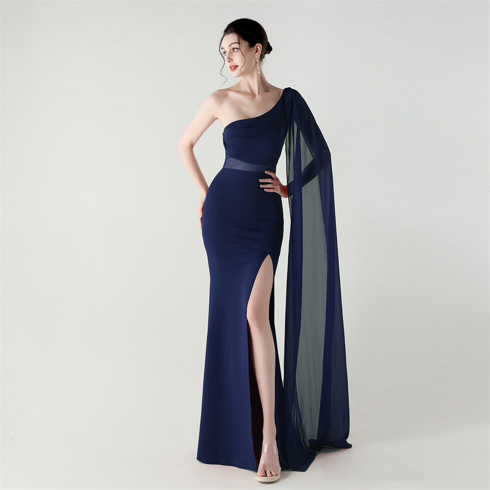 Single Shoulder Crossbody Stitching Mesh Design Satin Slim Cocktail Dress Evening Dress purplish blue