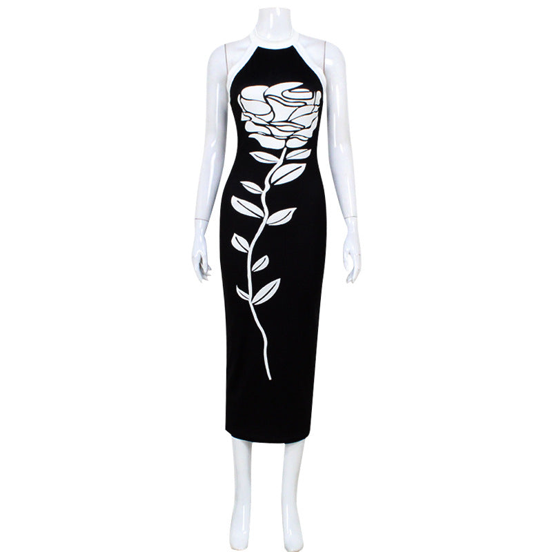 Sexy Sleeveless Halter Slim Print Dress Maxi Dress Women Black