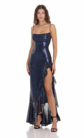 Sequin Sling Dress Split Host Cocktail Sexy Prom Evening Dress Women Navy Blue