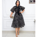 Summer Graceful Stand Collar Black Flocking Encryption Mesh Cinched Lace Stitching Slimming Dress Black