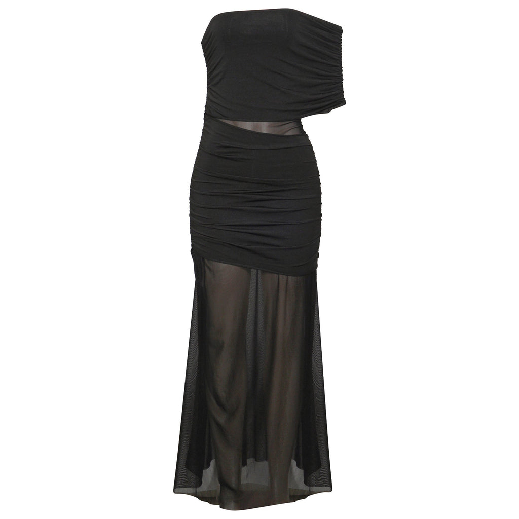 Spring Diagonal Collar Cold Shoulder Elegant Sexy Mesh Stitching Slim Dress Black
