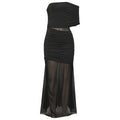 Spring Diagonal Collar Cold Shoulder Elegant Sexy Mesh Stitching Slim Dress Black