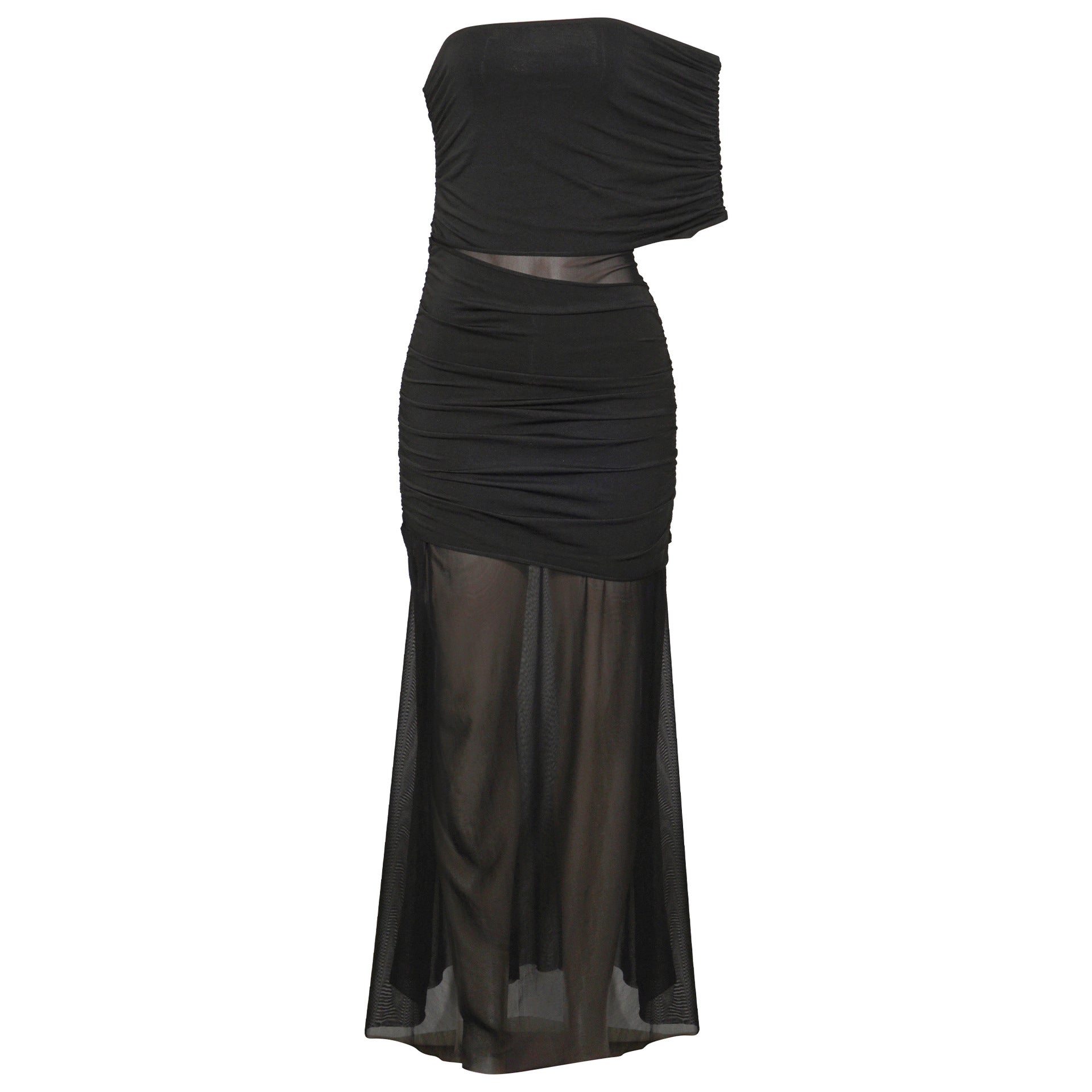 Spring Diagonal Collar Cold Shoulder Elegant Sexy Mesh Stitching Slim Dress Black