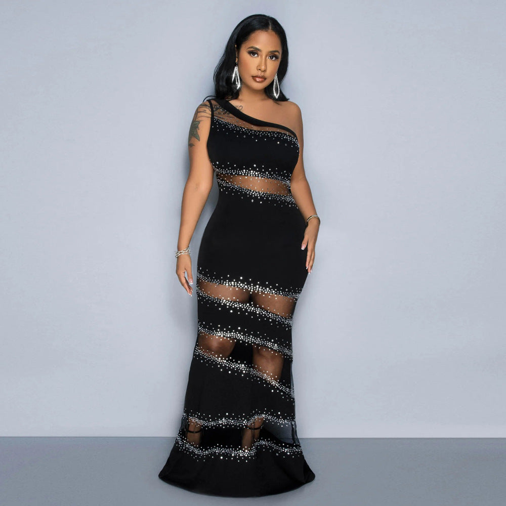 Sleeveless Dress Tribute Stitching Mesh Drilling Solid Color Dress Women Sexy Dress Black