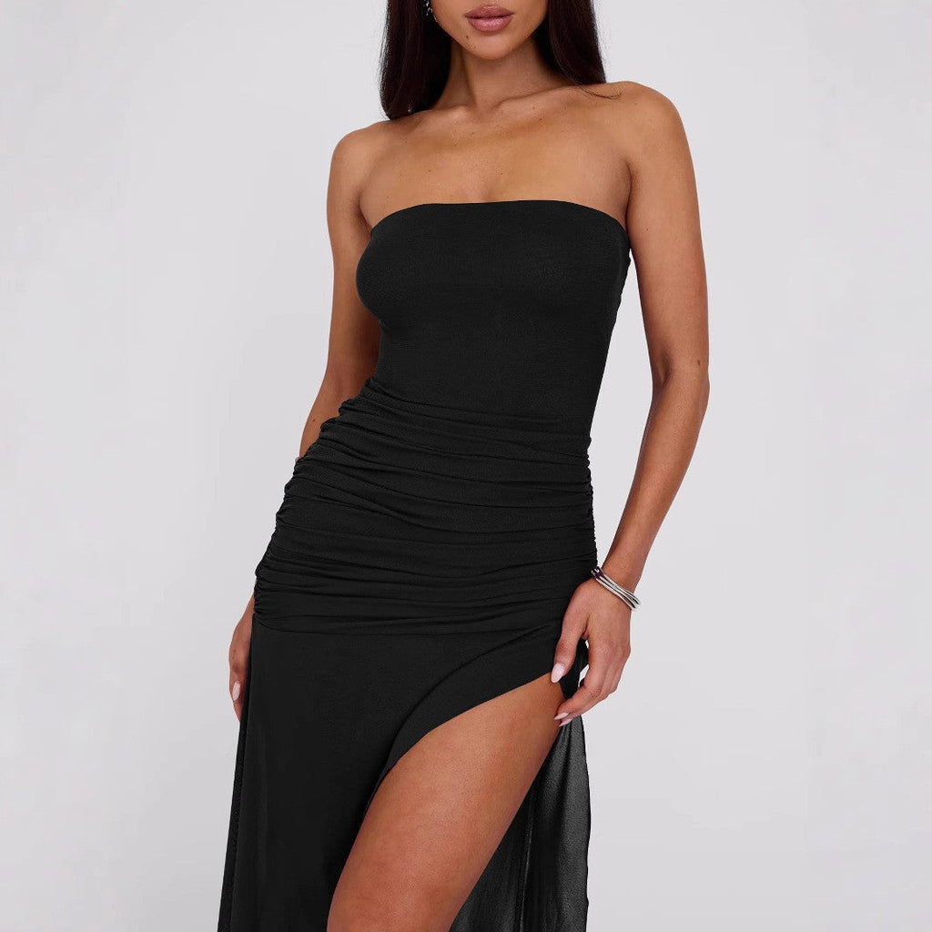 Women Clothing Summer Wind Sexy Tube Top Backless Slim Fitting Patchwork Mesh Irregular Asymmetric Dress Black
