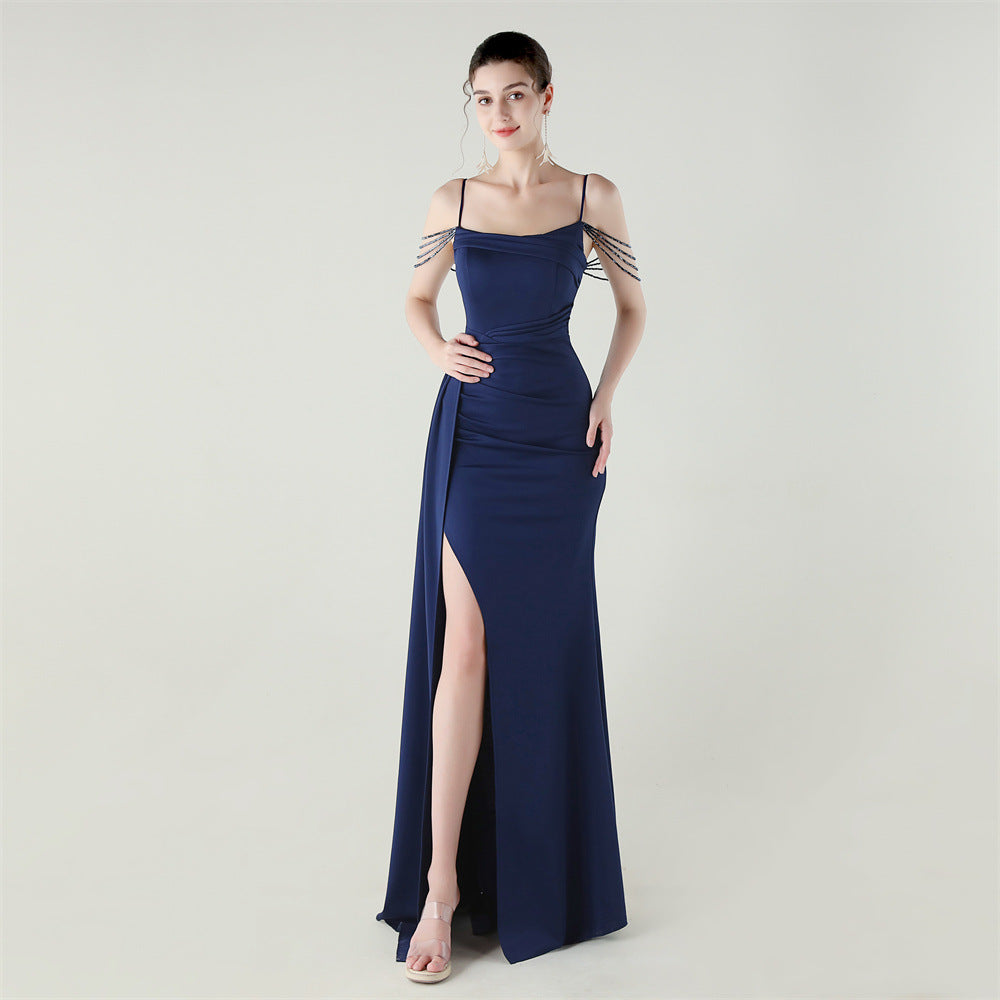 Bandeau Sling Satin Craft Beaded Chain Fishtail Evening Dress Dinner Wedding Ball purplish blue