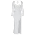 Autumn Women Wear Low Cut Self Tie Lace Slim Fit Slit Sexy Dress White