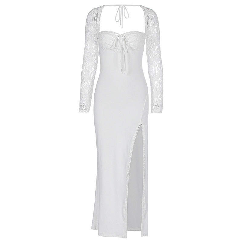 Autumn Women Wear Low Cut Self Tie Lace Slim Fit Slit Sexy Dress White