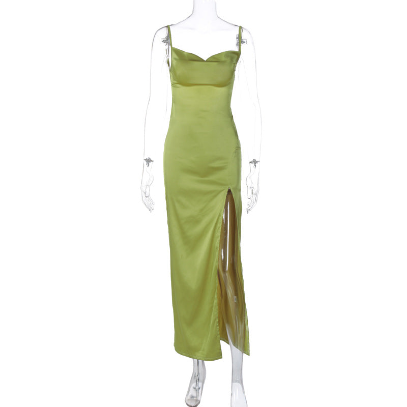 Women Clothing Summer Sexy Backless Slim Fit Split Sling Dress S Green