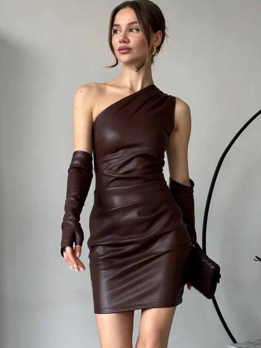 Faux Leather Dress Street Hipster Women Clothing Diagonal Collar Sleeveless Oversleeve Tight Waist Sheath Dress Coffee