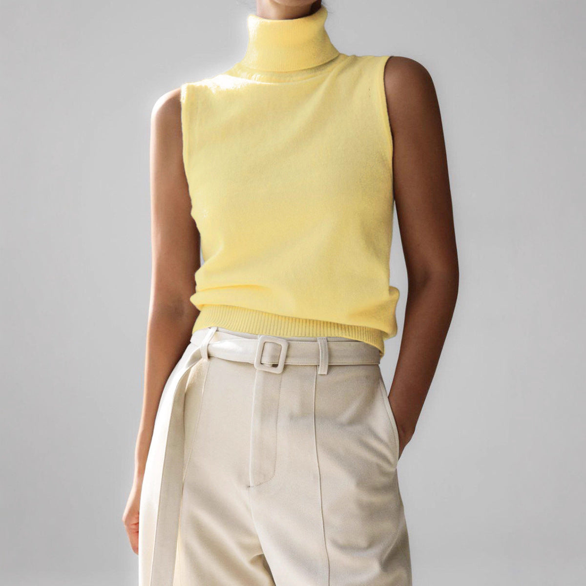 Knitted Sleeveless Vest Autumn High Neck Vest Sweater Minimalist Vest Top Women Yellow