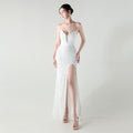 Boning Corset Waist Tight Heavy Industry Beads Heart Shaped Collar Sequined Evening Dress Luxury Cocktail Evening Dress White