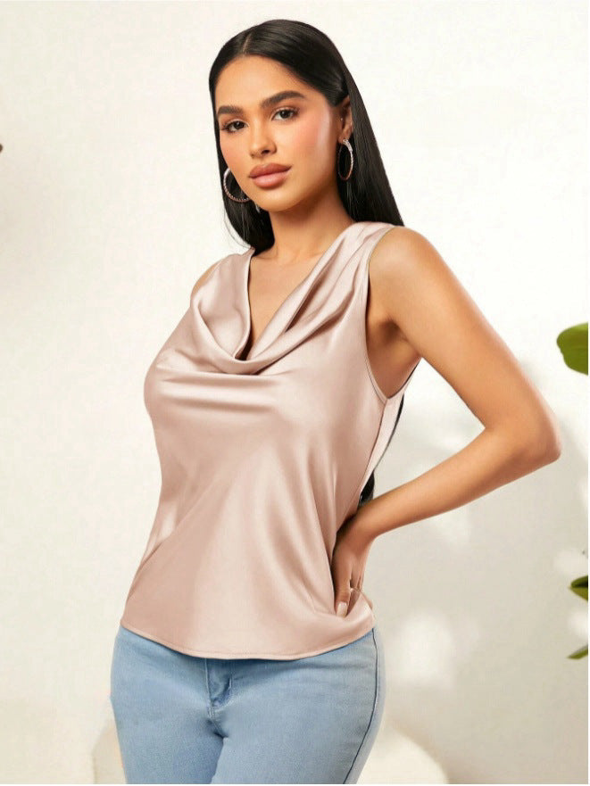 Summer Satin Pile Collar Solid Color Sleeveless Vest Women Sleeveless Blouse Gold