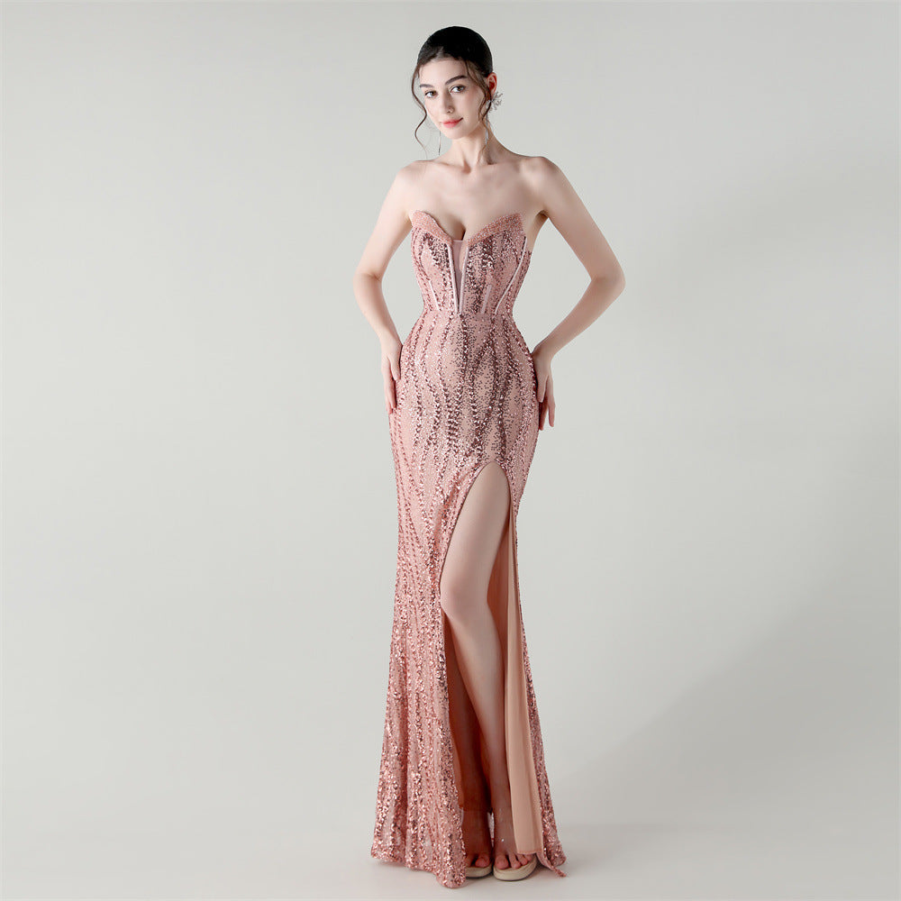 Boning Corset Waist Tight Heavy Industry Beads Heart Shaped Collar Sequined Evening Dress Luxury Cocktail Evening Dress Pink