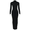 Women Clothing Autumn Solid Color Elegant Slim Slimming Pleated Turtleneck Long Sleeve Dress Black