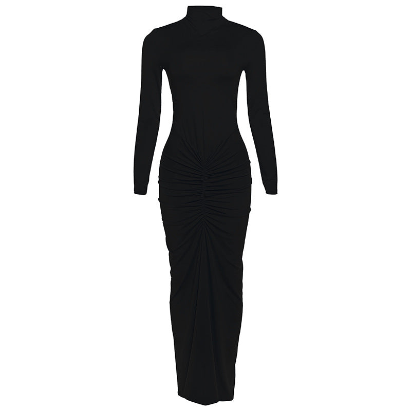 Women Clothing Autumn Solid Color Elegant Slim Slimming Pleated Turtleneck Long Sleeve Dress Black