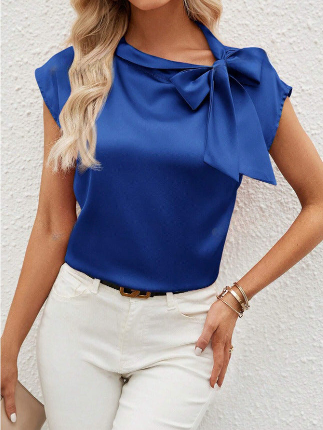 Half Open Collar Bow Satin Top Special Interest Design Satin Women Clothing T shirt Blue