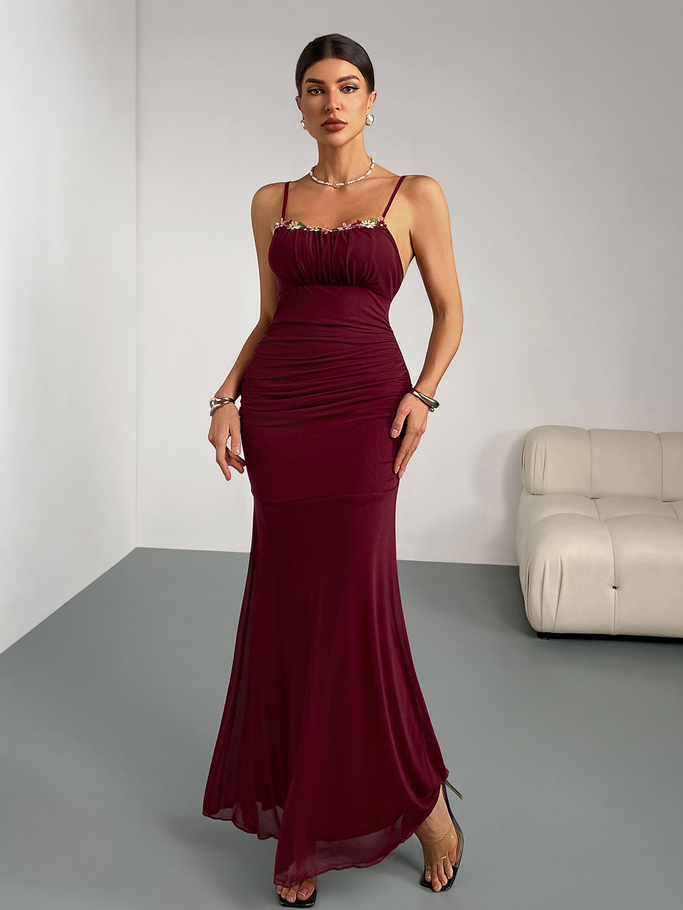 Slim Fit Fishtail Dress Women Sling Pleating Dress Slim Fit Sexy Party Party Wedding Bridesmaid Burgundy