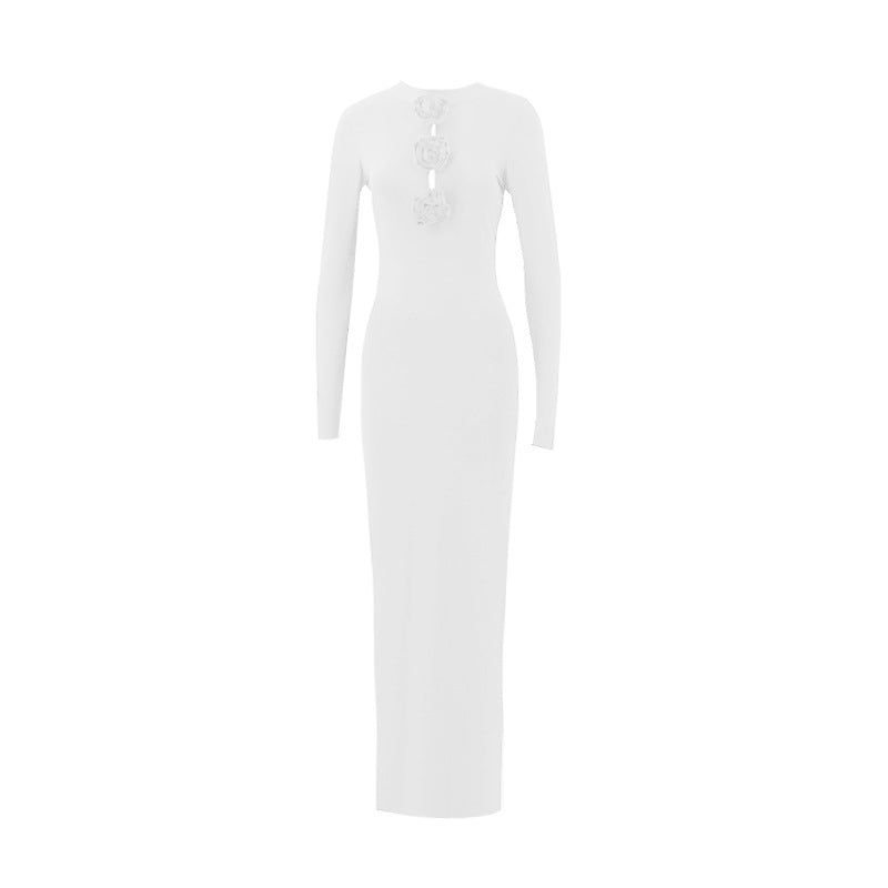 Fall Women Clothing Sexy Cutout Socialite Private Clothing Elegant Three Dimensional Floral Long Sleeve Slim Maxi Dress White
