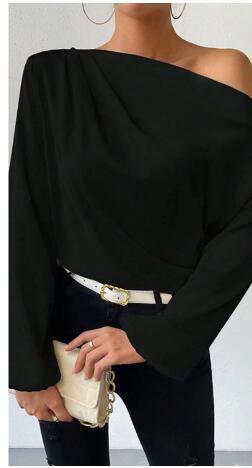 Oblique Shoulder Design Long Sleeve Shirt Women Asymmetric Pullover Top Solid Color Satin Long Black