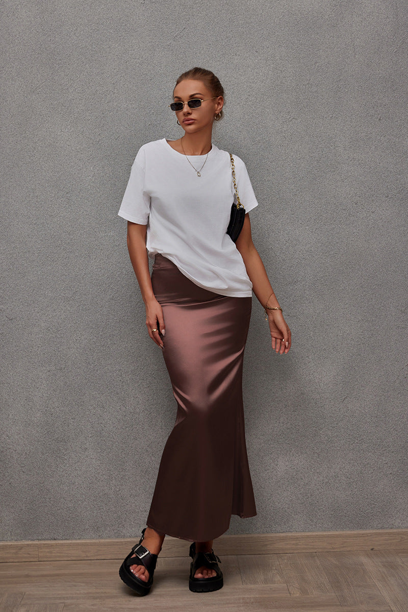 Spring Summer Artificial Silk Skirt Satin Skirt Women Casual Satin Hip Skirt Coffee