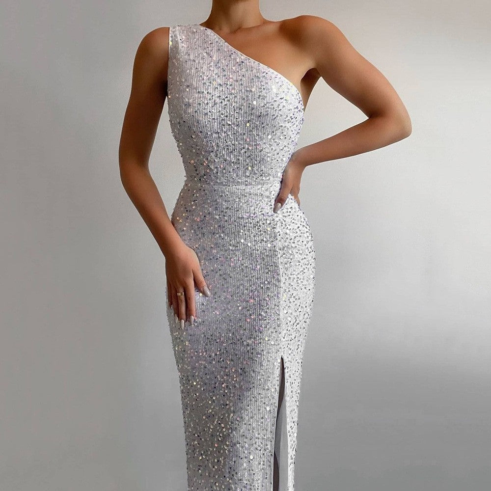 Women Clothing Pink Split Dress One Shoulder Sequ Dress