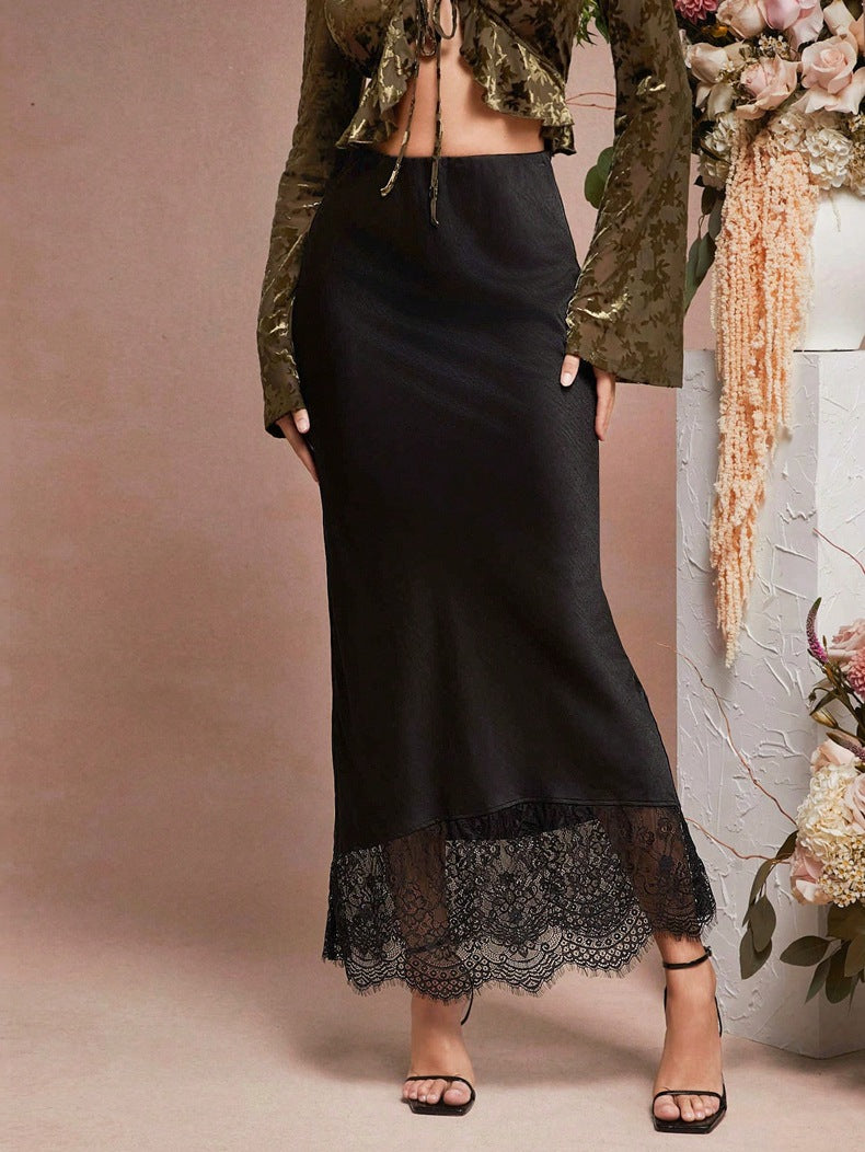 Skirt Lace Stitching Satin Satin Skirt Socialite Women Clothing Black