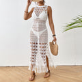 Women Cover up Hollow Out Cutout Floral Beach Dress Waist Trimming Lace up Tassel Maxi Dress Beach Dress White