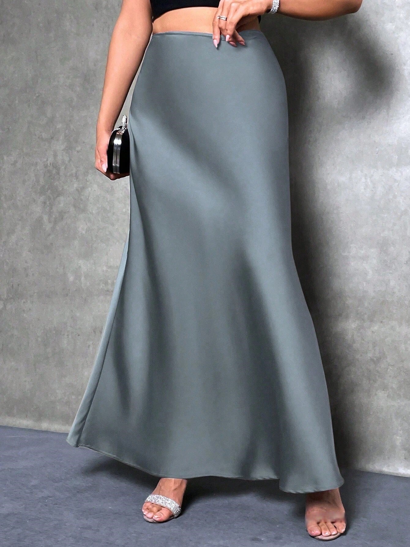 Satin Skirt Autumn Winter Simple A line Long Skirt Women Clothing Gray