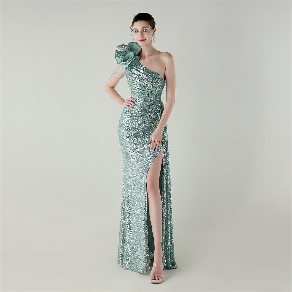 Craft Floral Beaded One Shoulder Diagonal Collar Fishtail Evening Dress Dinner Wedding Awards Ceremony Social Dress Lake Green