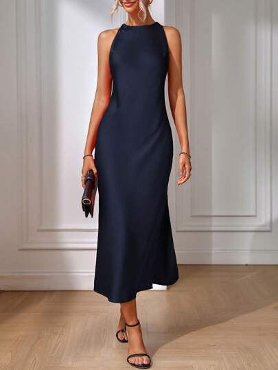 Satin Dress Women Clothing Spring Summer Sleeveless Split Satin Imitation Silk Maxi Dress Navy Blue