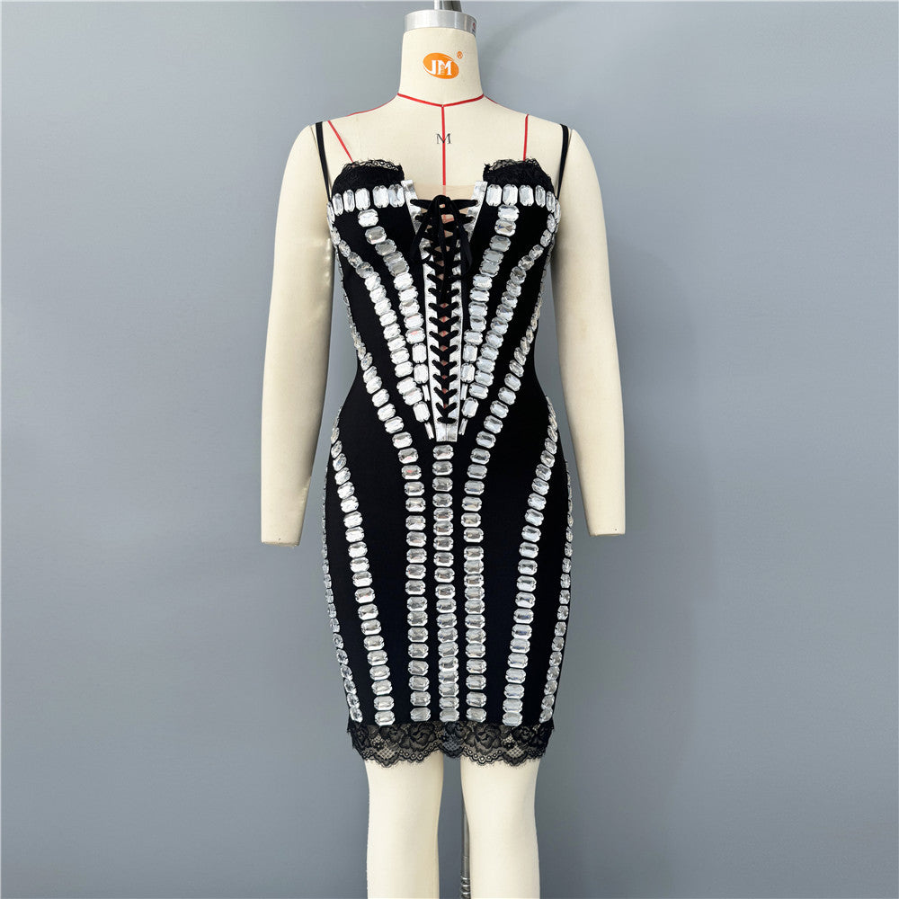 Sexy Sling Lace Stitching Bandage Dress Heavy Industry Rhinestone Personalized Party Dinner Dress Black