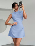 Best Women Clothes Summer Satin Dress Women High Grade Satin Dress Blue