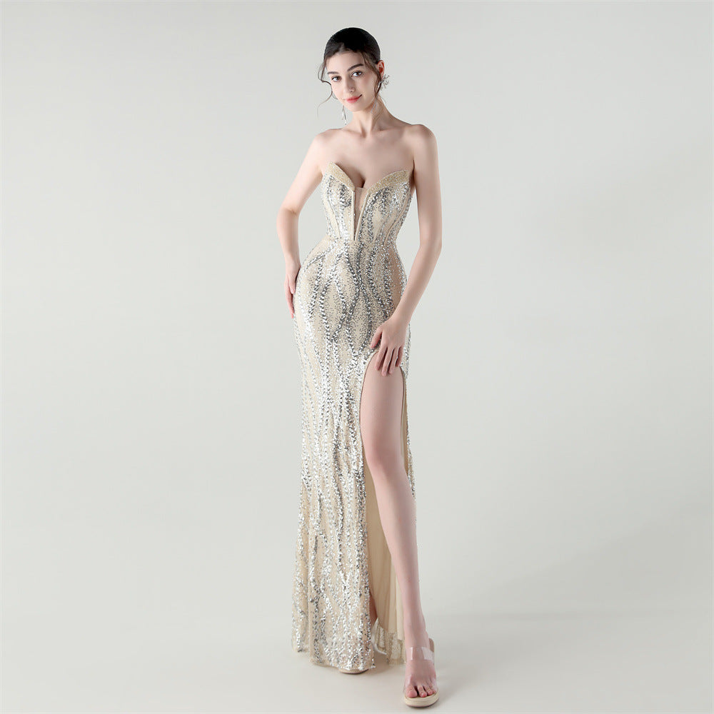 Boning Corset Waist Tight Heavy Industry Beads Heart Shaped Collar Sequined Evening Dress Luxury Cocktail Evening Dress Apricot silver