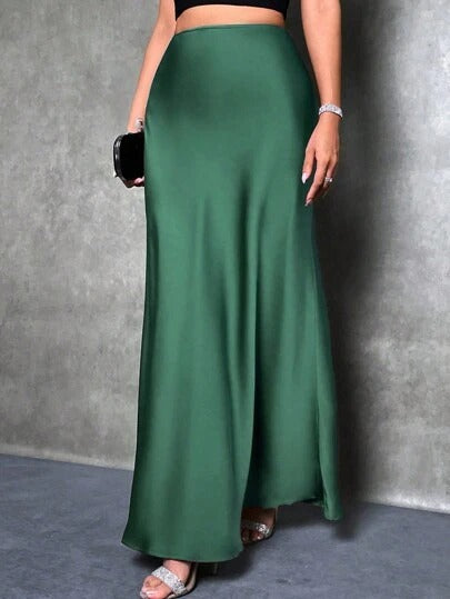 Satin Skirt Autumn Winter Simple A line Long Skirt Women Clothing blackish green