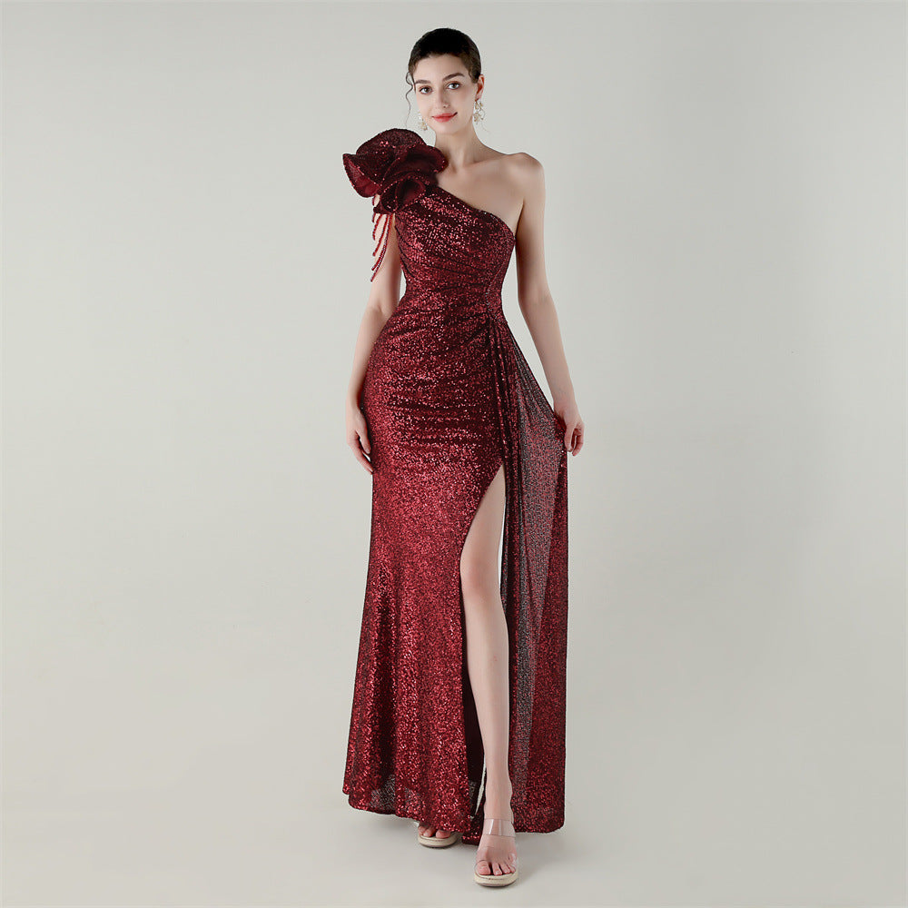 Craft Floral Beaded One Shoulder Diagonal Collar Fishtail Evening Dress Dinner Wedding Awards Ceremony Social Dress Burgundy