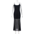 Women Clothing Autumn Cocktail Party Dinner High Mesh Double Layer U Collar Sexy Sling Slim Fit Dress Black