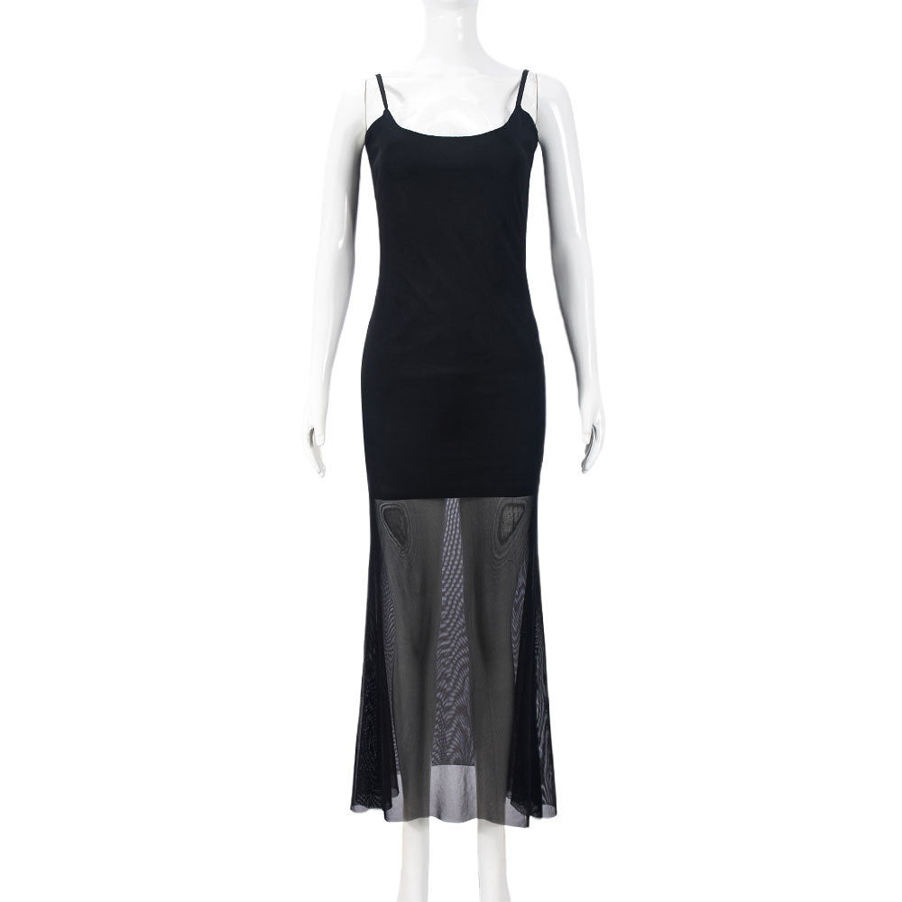 Women Clothing Autumn Cocktail Party Dinner High Mesh Double Layer U Collar Sexy Sling Slim Fit Dress Black