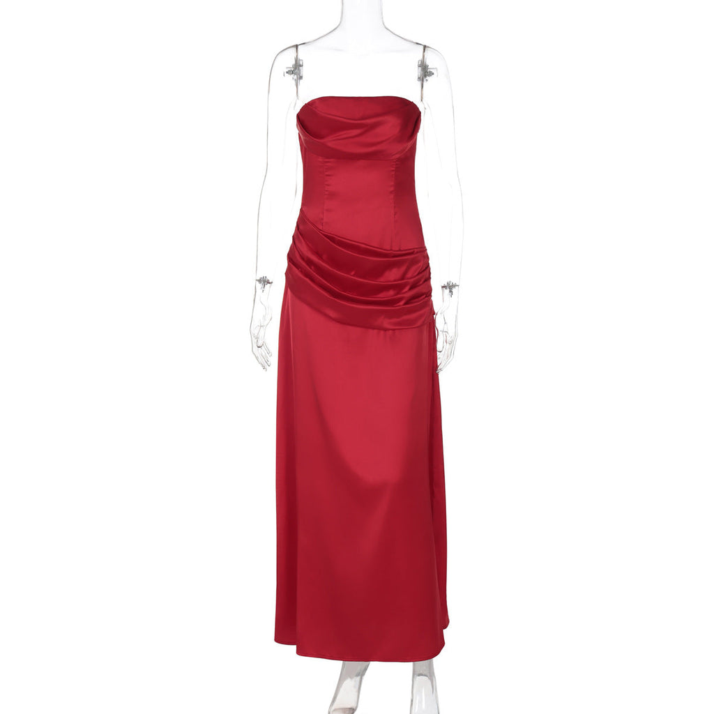 Summer Women Solid Color Graceful Satin Pleated Slim Tube Top Dress Red