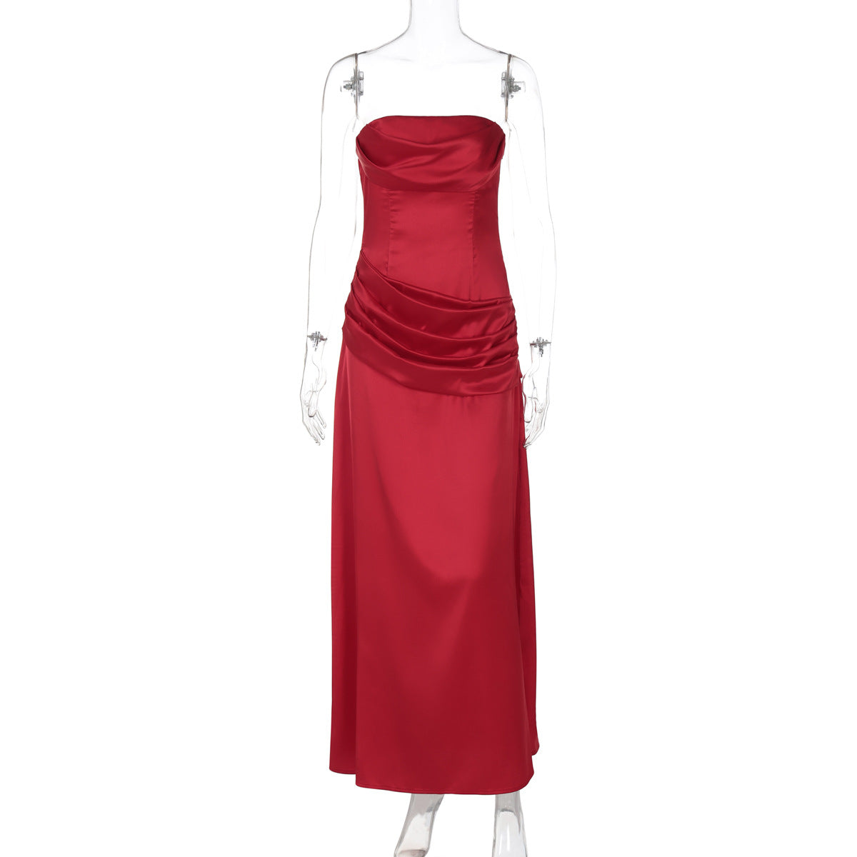 Summer Women Solid Color Graceful Satin Pleated Slim Tube Top Dress Red
