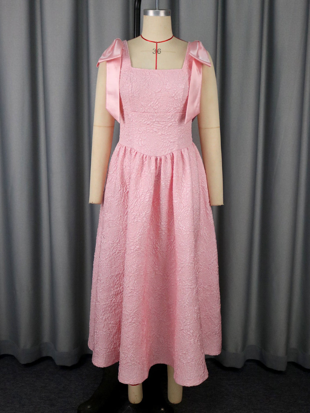 Women Clothing Elegant Bow Dress Jacquard High Waist a Swing Cocktail Evening Dress Party Dresses Pink