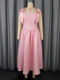 Women Clothing Elegant Bow Dress Jacquard High Waist a Swing Cocktail Evening Dress Party Dresses Pink