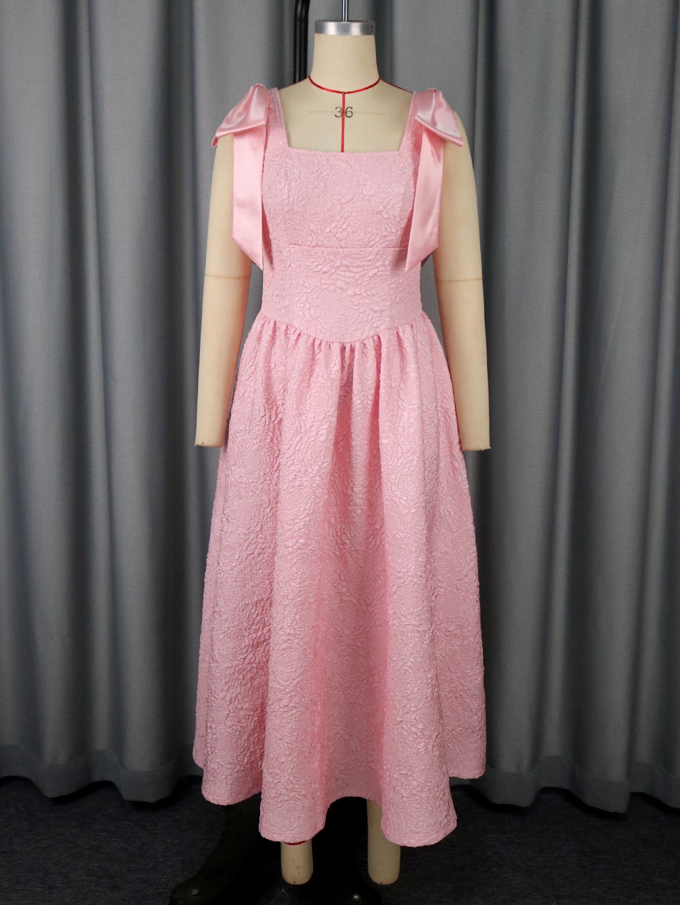 Women Clothing Elegant Bow Dress Jacquard High Waist a Swing Cocktail Evening Dress Party Dresses Pink