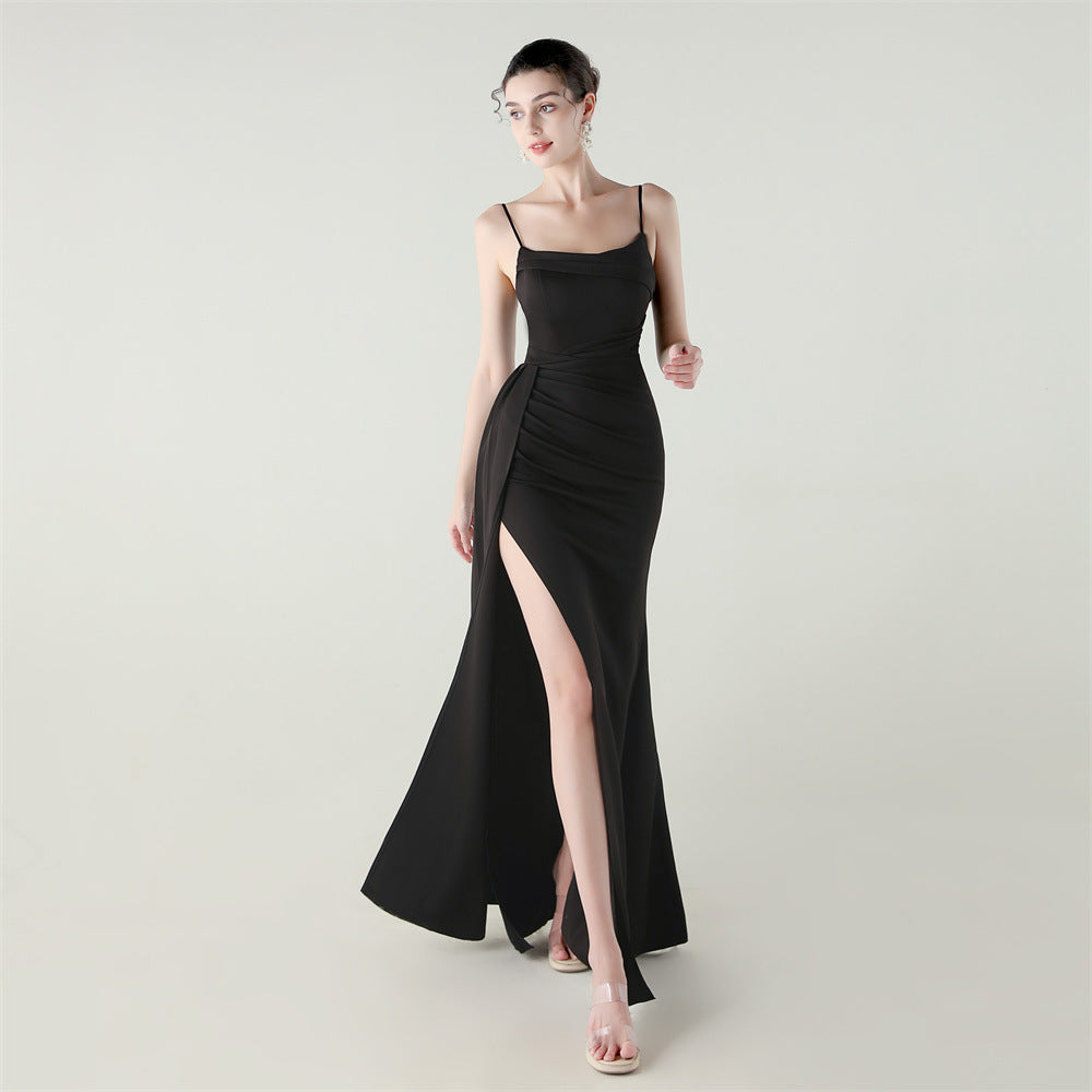 Camisole Tube Top Satin Pleated Fishtail High Slit Evening Dress Elegant Slim Dress for Dinner Ceremony Black