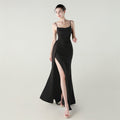 Camisole Tube Top Satin Pleated Fishtail High Slit Evening Dress Elegant Slim Dress for Dinner Ceremony Black
