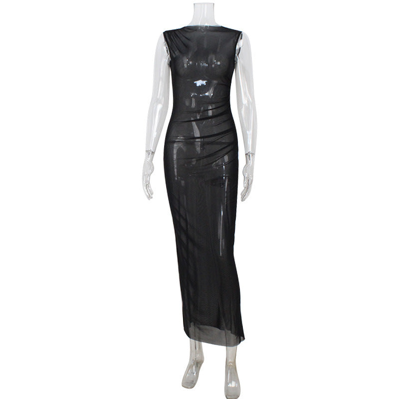 Elegant Women Clothing Mesh See through Sleeveless Slim Fit Sexy Dress Overskirt Long Blouse for Women Black[No Inner Match]