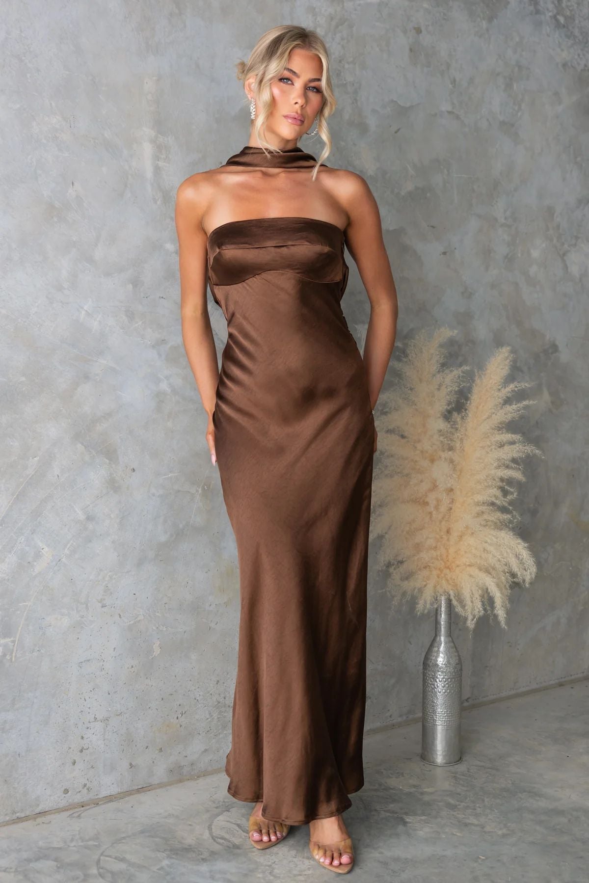 Summer Women Clothing Sexy Halter Satin Mercerized Maxi Dress Coffee