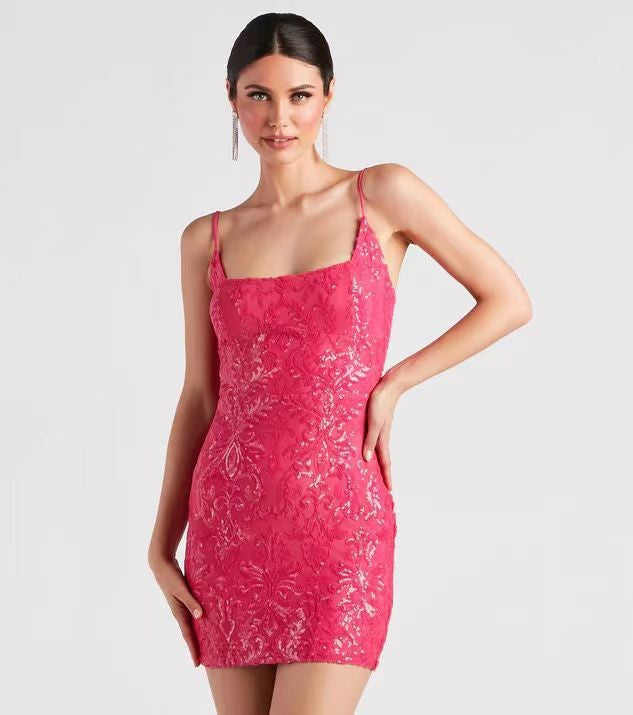 Women Clothing Summer Sequ Sexy Suspenders Package Hip Slim Mini Dress Coral Red