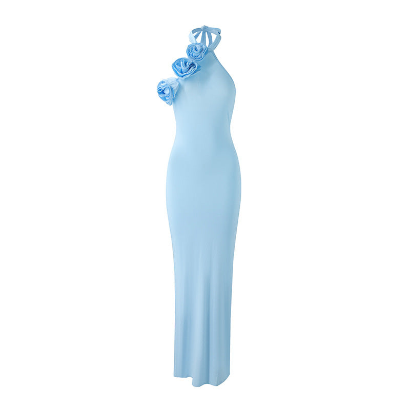 Women Clothing Three Dimensional Floral Sexy Halter Backless Split Dress Blue